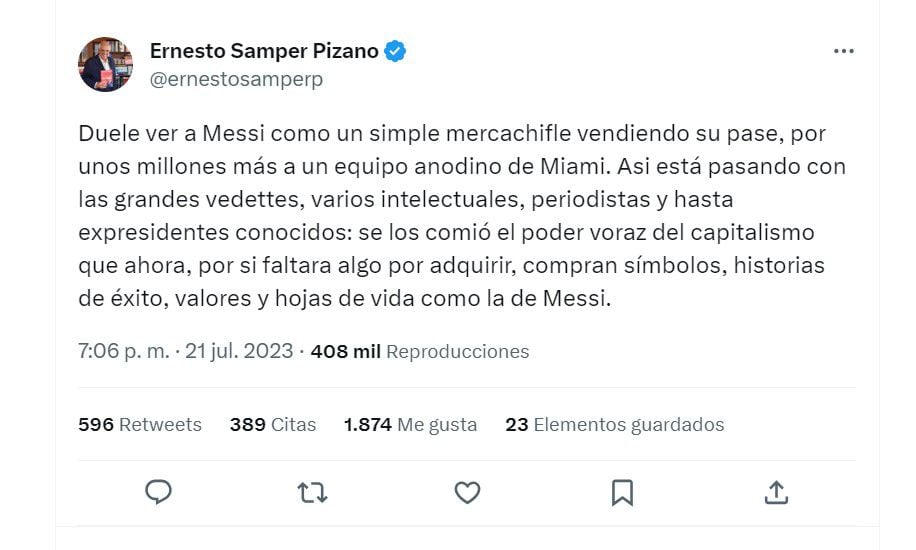 Críticas a Samper por arremeter contra Messi. Twitter.