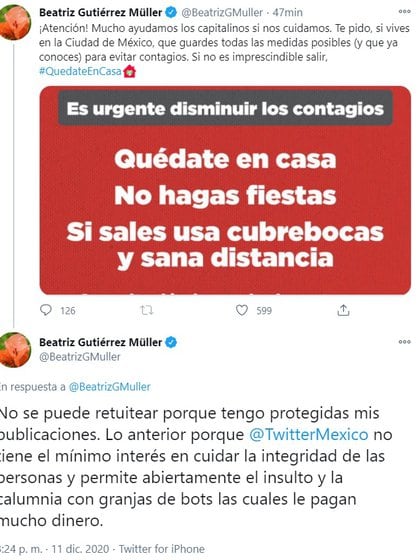 Un llamado de Gutiérrez Müller para mitigar contagios en CDMX terminó convertido en un reclamo para Twitter