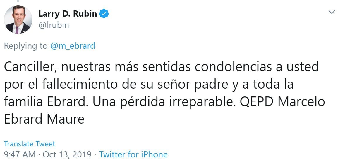 Larry D. Rubin, presidente de la American Society, lamentó el fallecimiento de Marcelo Ebrard Maure (Foto: Twitter)