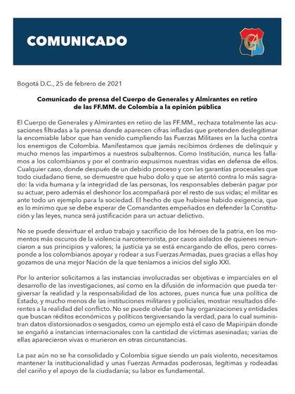 Comunicado de prensa de Cuerpo de Generales y Almirantes en retiro de las Fuerzas Militares de Colombia sobre cifras de ejecuciones extrajudiciales publicadas por la JEP / (Twitter: @GenerAlmirantes).
