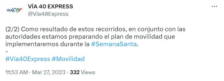 Vía 40 Express anunció meidas a tdner en cuenta para facilitar movilidad en Semana Santa. @Via40Express. Twitter