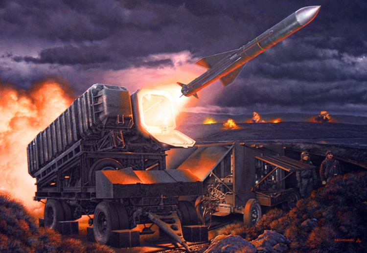 El lanzamiento del misil plasmado en unaÂ aguada sobre papel de Daniel Bechennec