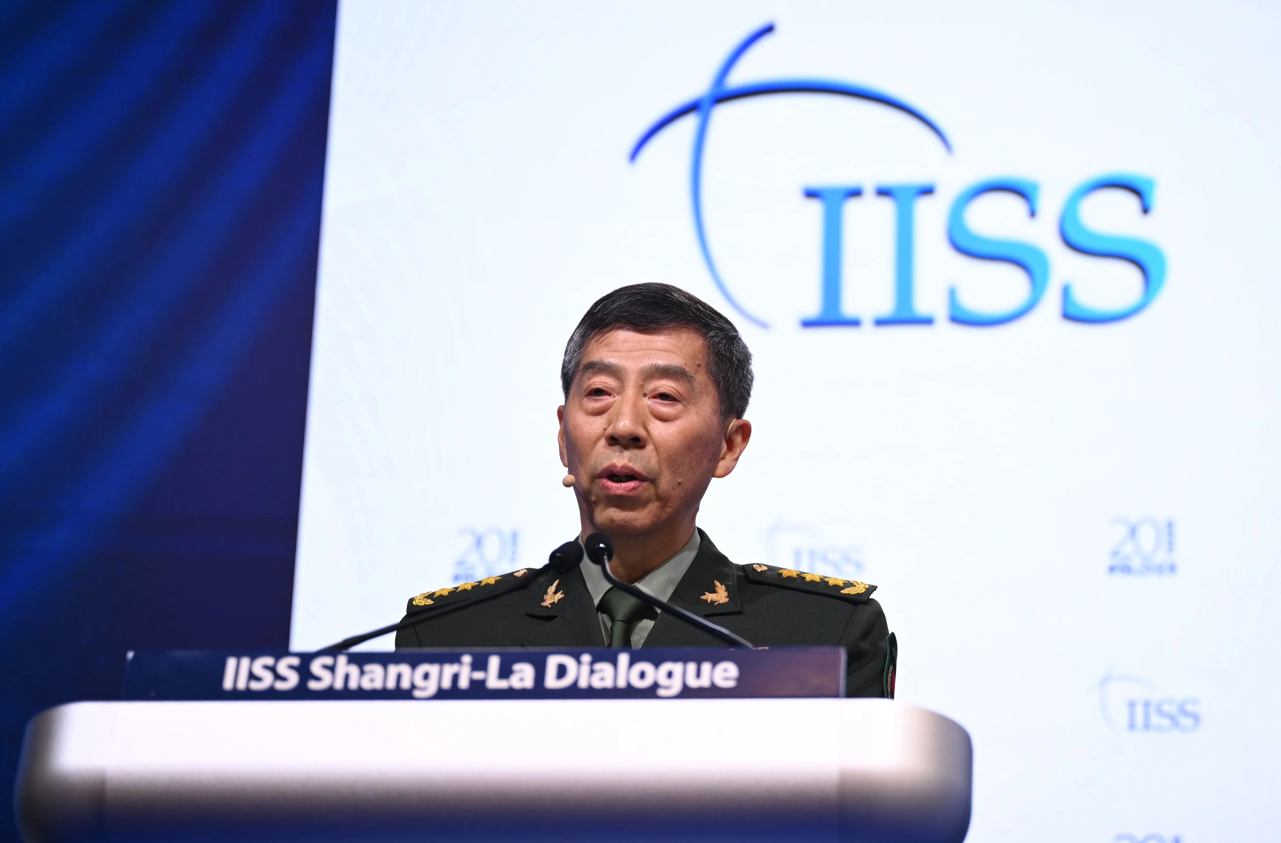 06/04/2023 June 4, 2023, Singapore: Chinese Defense Minister General Li Changfu speaks at the Asian Security Forum "Shangri-La Dialogue." Photo: Britta Pedersen/DPA International Politics Britta Pedersen/DPA