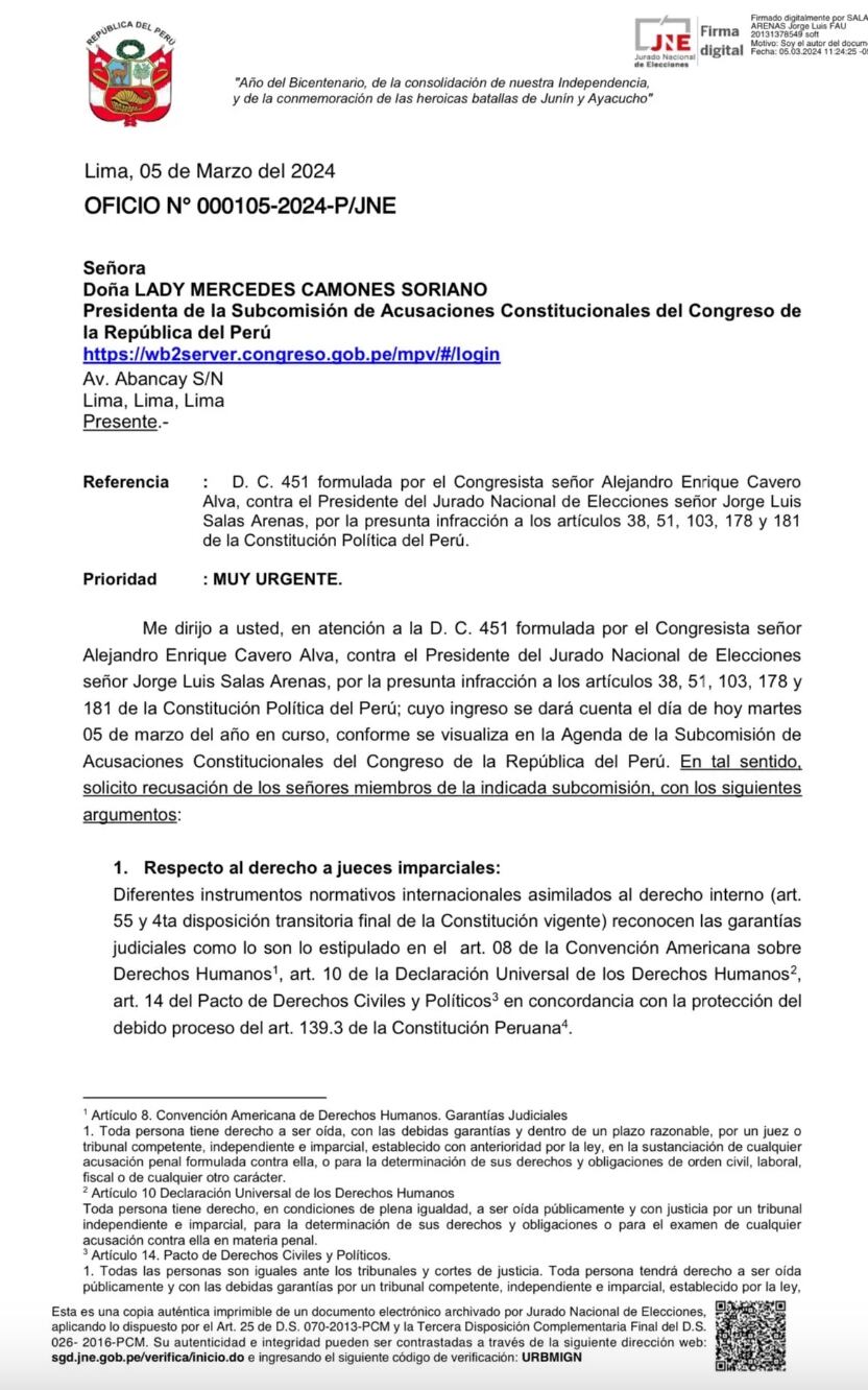 Jorge Salas Arenas envió oficio para pedir que Subcomisión de Acusaciones Constitucionales no evalúe denuncia en su contra.