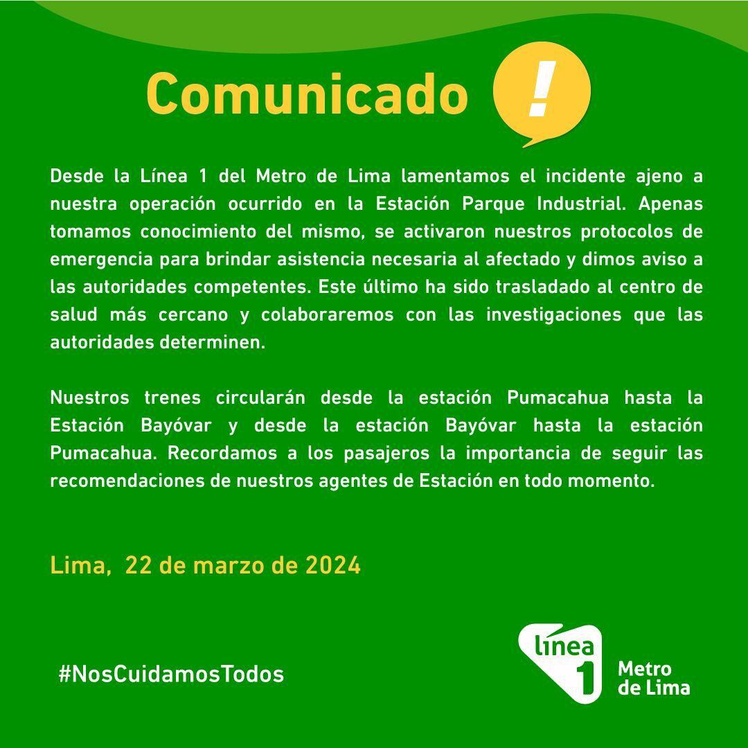 Comunicado del Metro de Lima y Callao. (Foto: Metro de Lima)