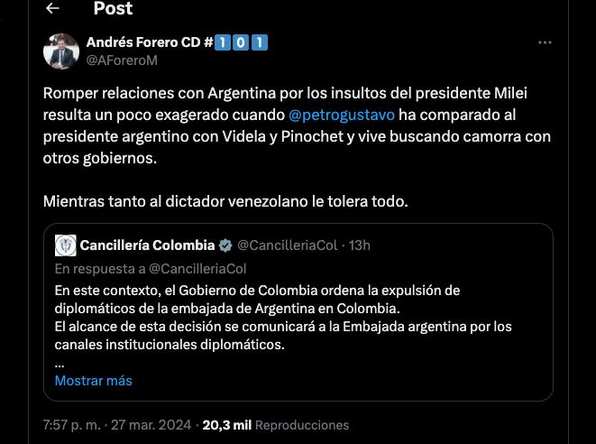 Andrés Forero habla del comunicado de la Cancillería sobre Argentina - crédito @AForeroM