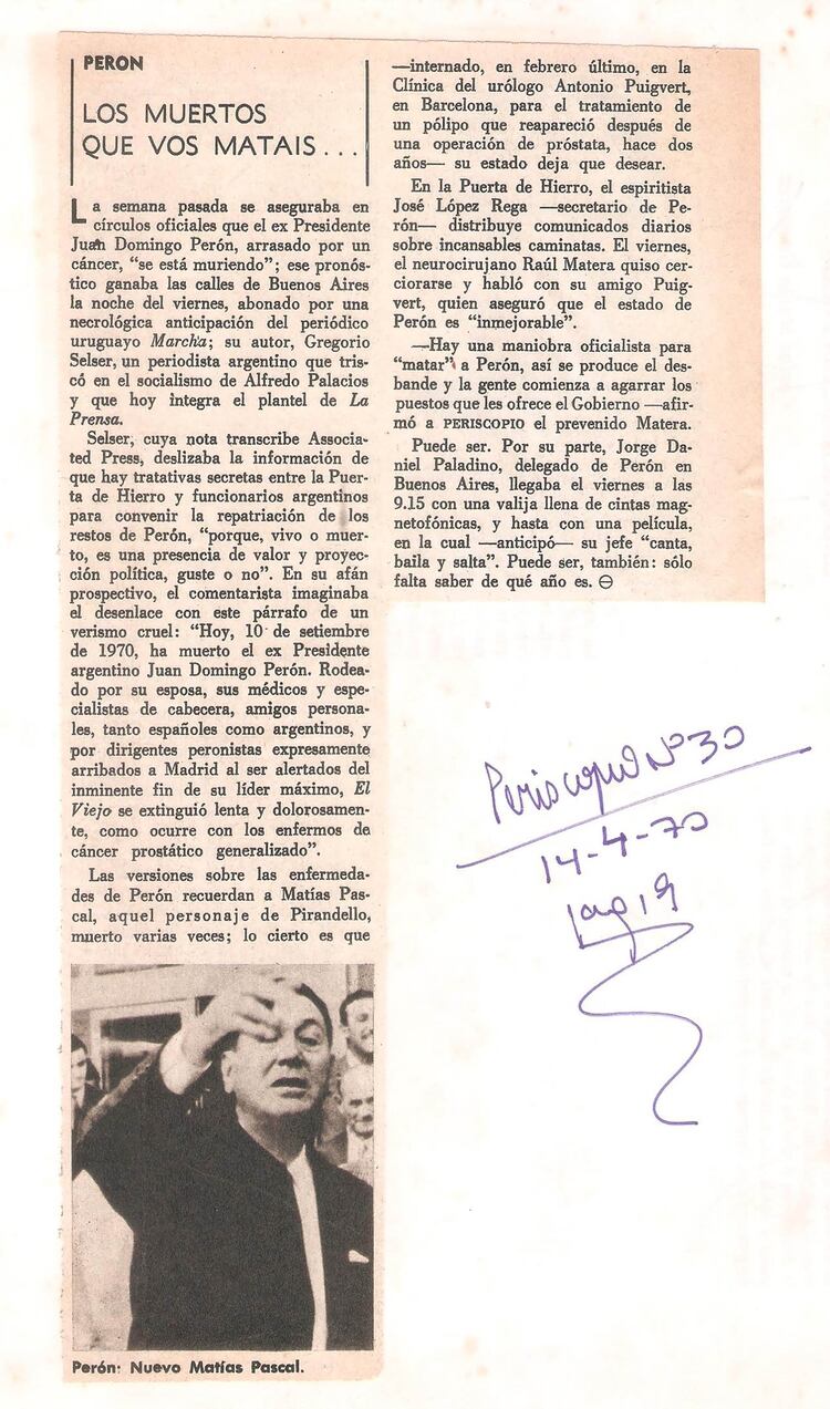 La nota de Periscopio y el “cáncer” que aseguraban que tenía Perón según “círculos oficiales del ex presidente”