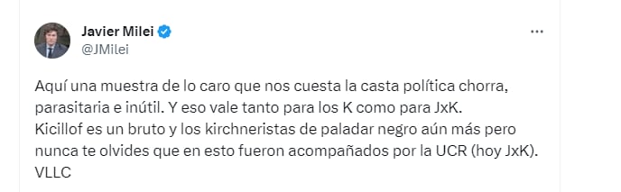 El tuit del candidato a presidente por La Libertad Avanza, Javier Milei