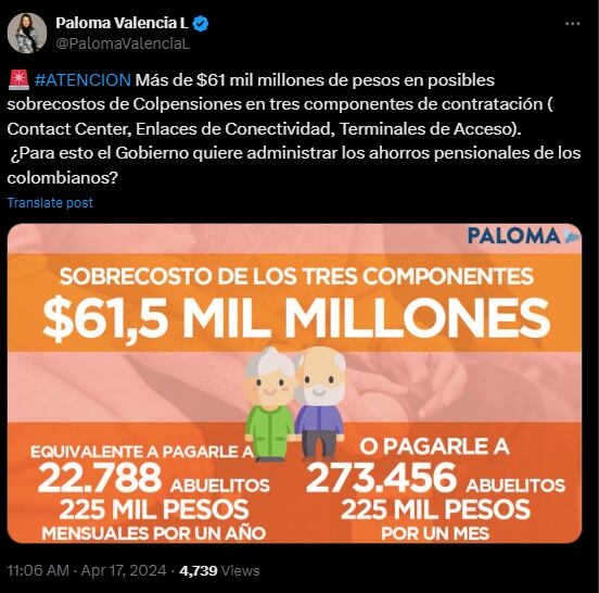 Paloma Valencia puso al descubierto sobrecostos en Colpensiones entre otros con el contact center y conectividad de la entidad - crédito @PalomaValenciaL/X