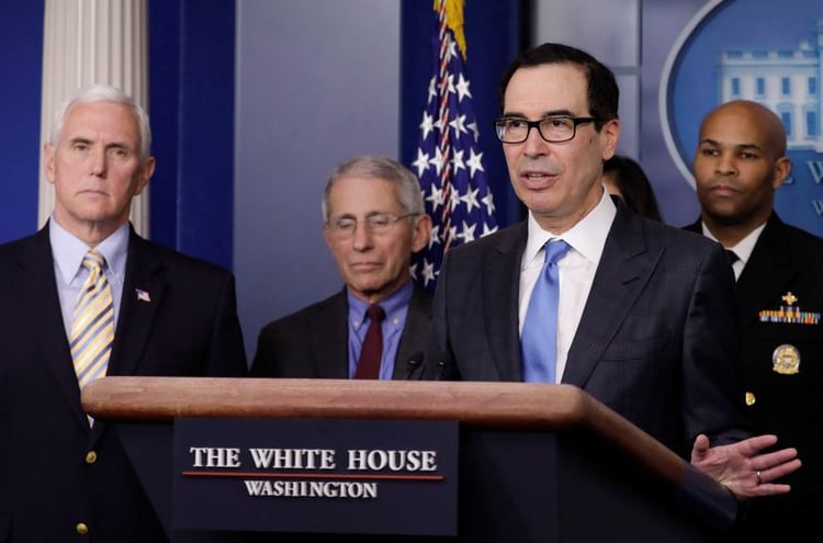 El secretario del Tesoro de EEUU, Steve Mnuchin, habla en una conferencia de prensa, en la Casa Blanca, en Washington. 14 de marzo de 2020. REUTERS/Yuri Gripas.