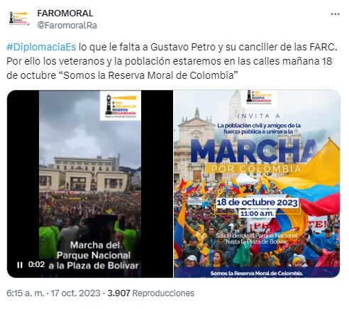 La organización Faromoral invitó a la ciudadanía a las marchas en contra del Gobierno de Gustavo Petro - crédito captura de pantalla X.