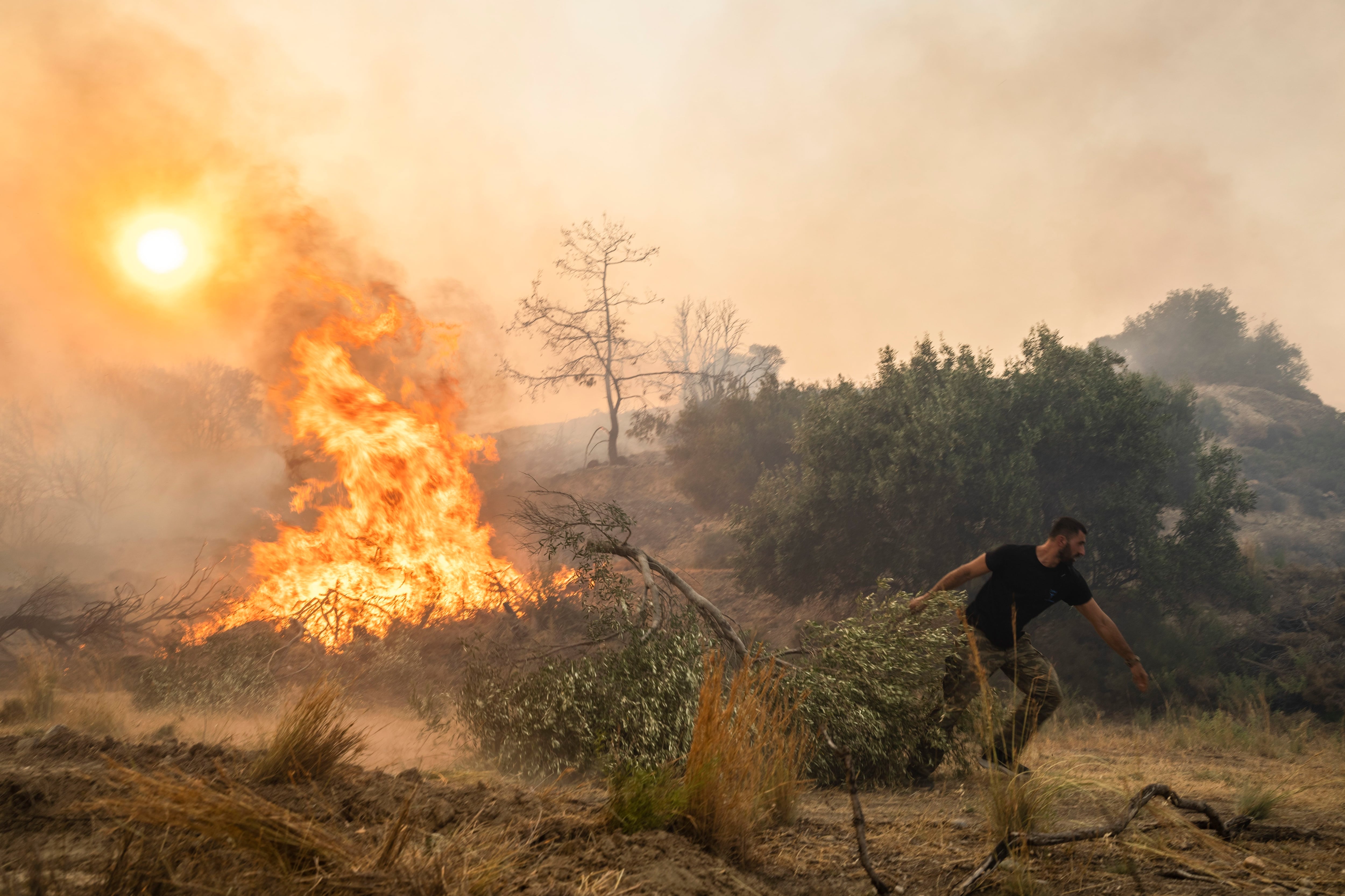 Ilias Kyriakou, de 25 años, arrastra una rama de olivo mientras un incendio quema parte de la localidad de Gennadi. (AP Foto/Petros Giannakouris)