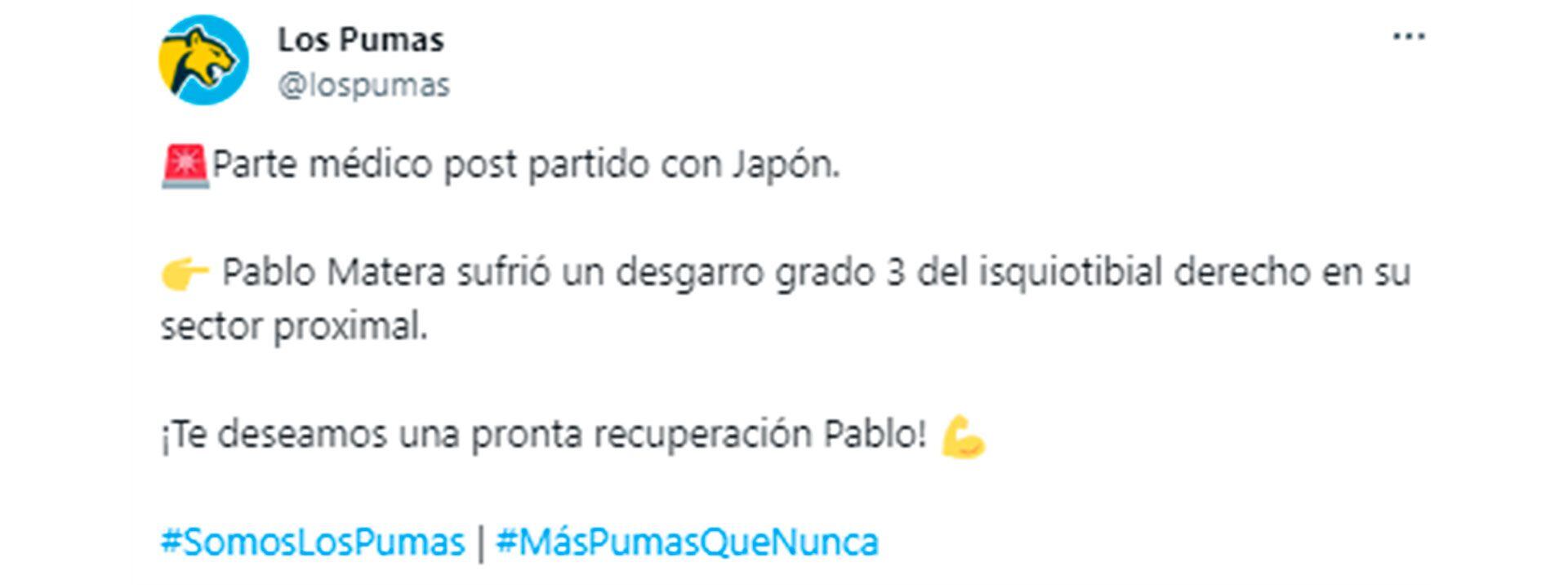 Malas noticias para Los Pumas: Materia se perderá el resto del Mundial