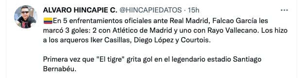 Historial de Falcao enfrentando al Real Madrid. Captura de pantalla