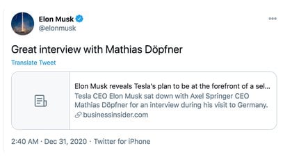 Elon Musk compartió en su cuenta de Twitter la entrevista que brindó al periodista y empresario Mathias Döpfner 
