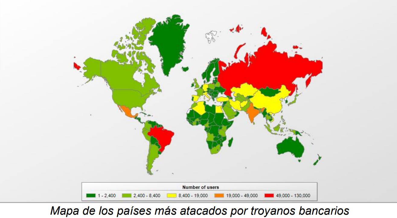 Mapa de os países más atacados por troyanos bancarios Imagen: Kaspersky
