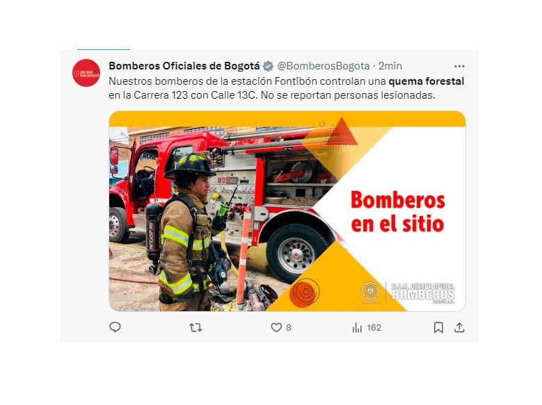 Bomberos de Bogotá atienden una quema forestal en la calle 13-Colombia