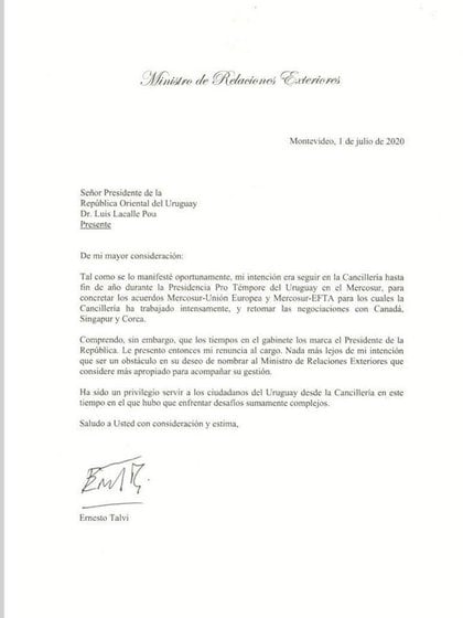 La carta de renuncia de Ernesto Talvi