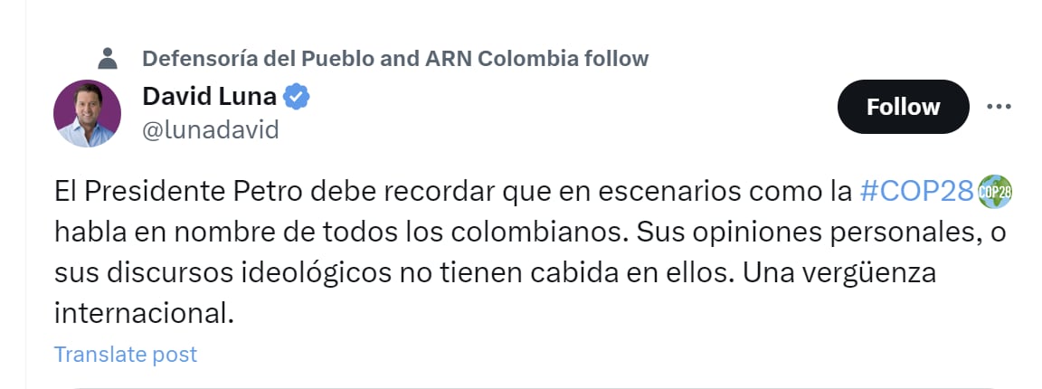 El congresista David Luna tildó a Petro de ser una "vergüenza internacional" por hablar sobre la guerra entre Israel y Hamas en la COP28 - crédito @lunadavid/X