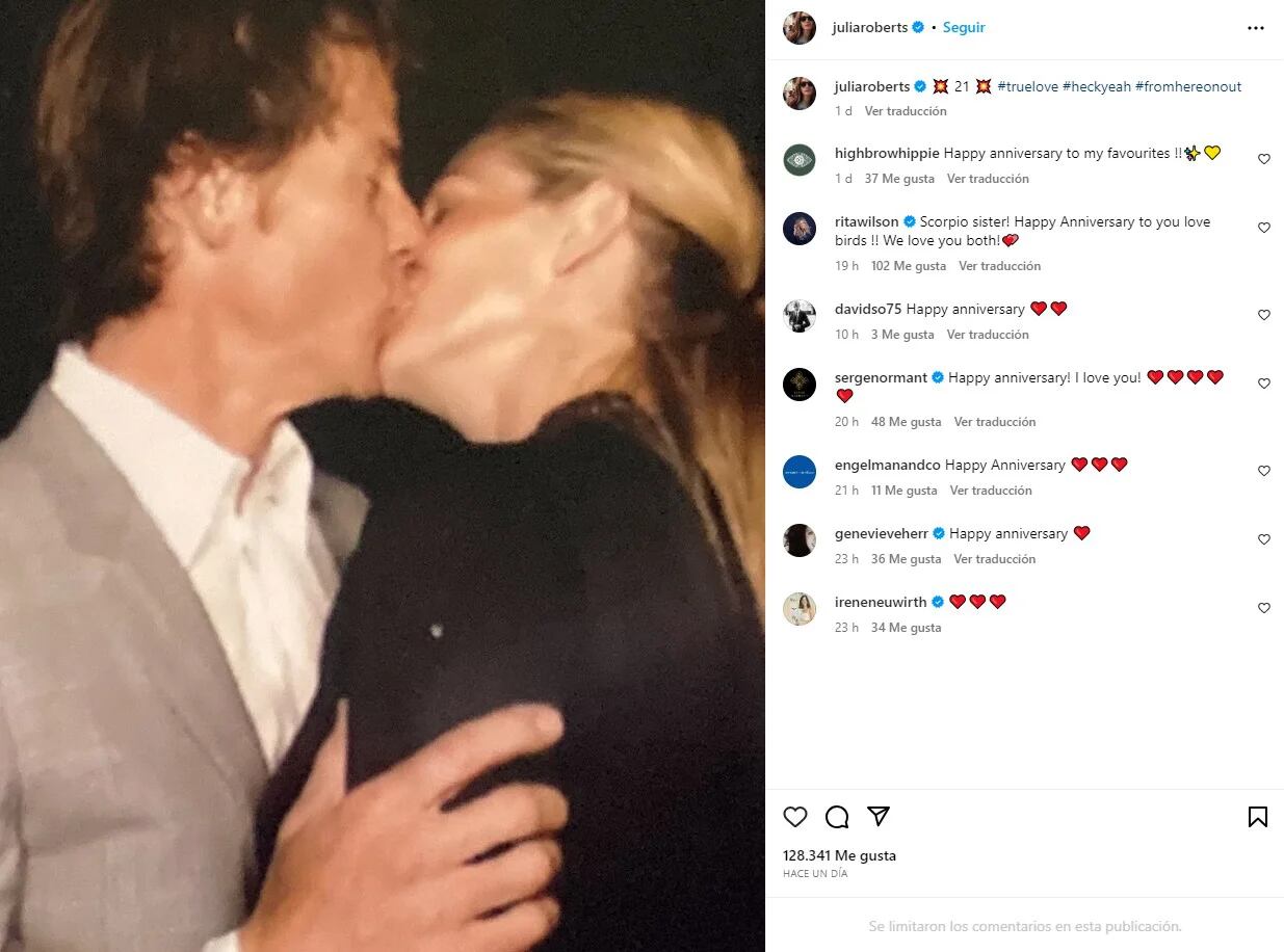 Julia Roberts celebró sus 21 años de matrimonio con una íntima foto
Foto: Instagram/Julia Roberts