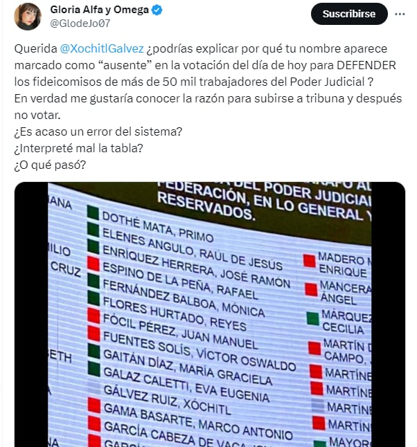 Cuestionan a Xóchitl Gálvez por qué se ausento en las votaciones para rechazar la reforma que elimina los fideicomisos del PJF (Captura de Pantalla)