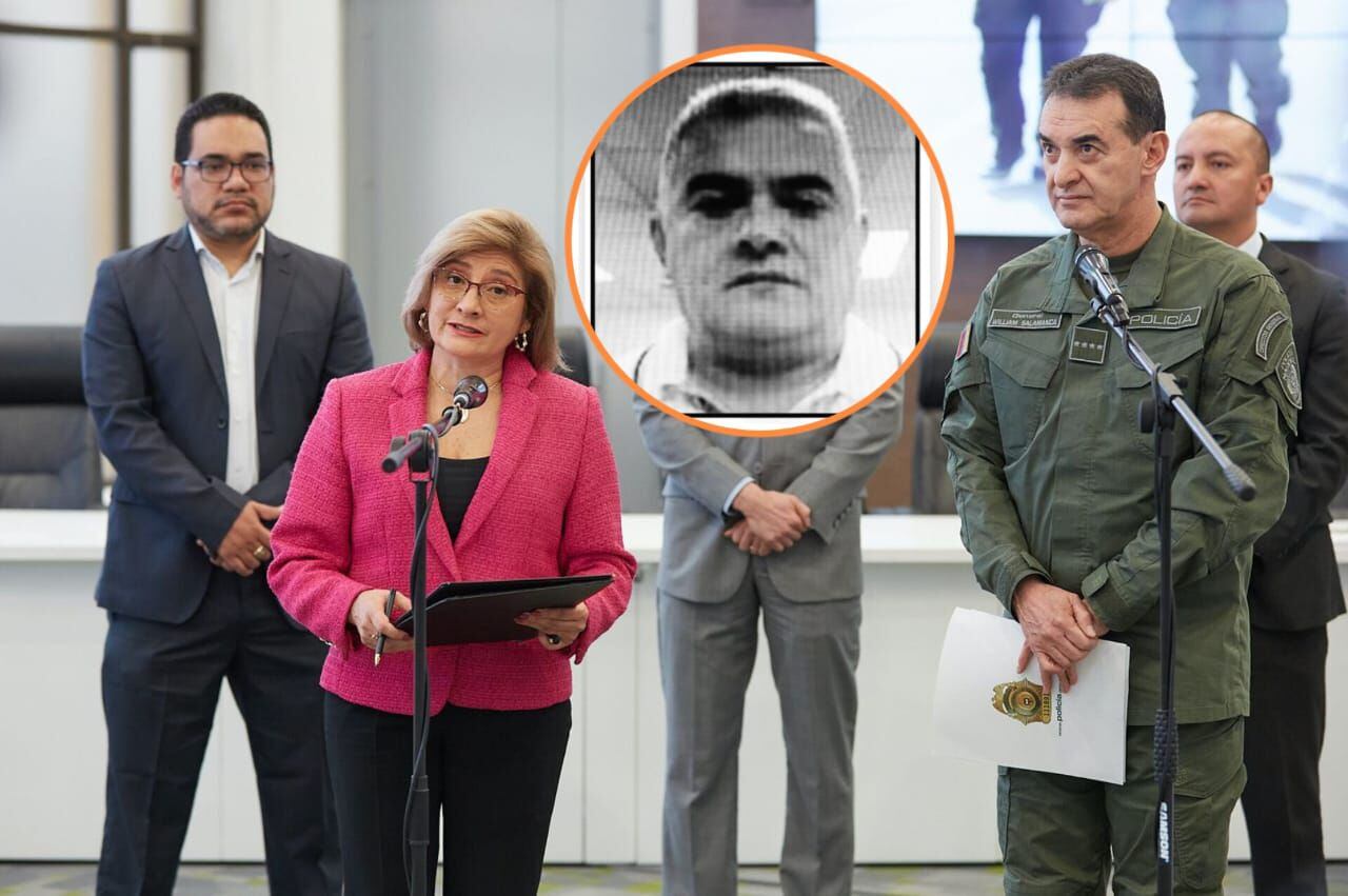 La fiscal (e) Martha Mancera y el director de la Policía, general William Salamanca informaron que alias Papá Pitufo (círculo) se escapó - créditos Fiscalía y Dian