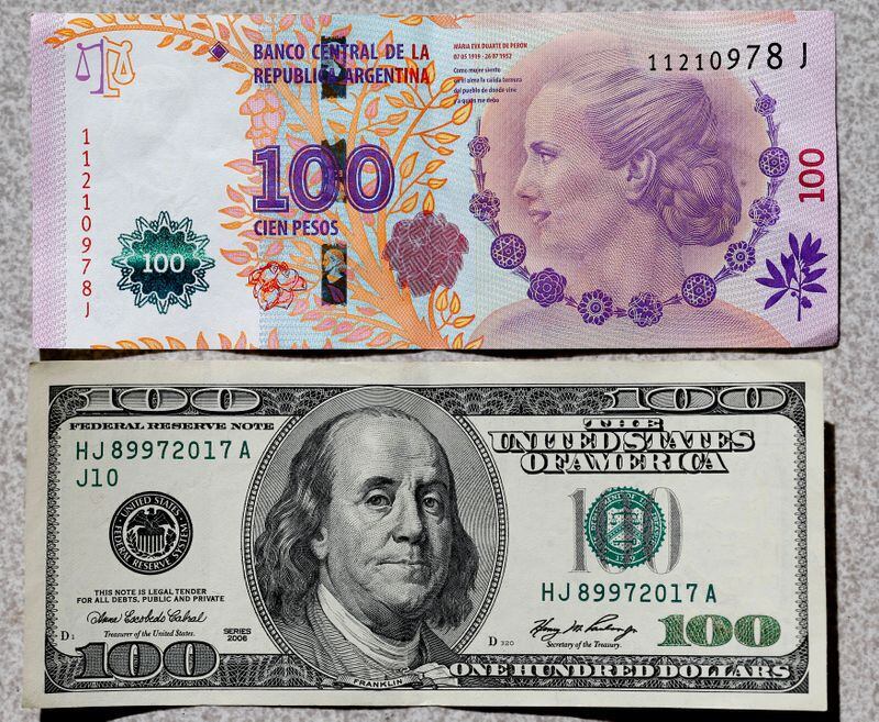 Un billete de cieen pesos argentinos y un billete de cien dólares estadounidenses. REUTERS/Enrique Marcarian