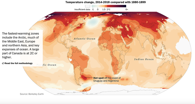La crisis climática se observe en el cambio de temperaturas entre 2014-2018 en comparación con 1880-1899.