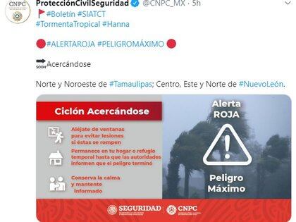 Protección Civil instó a la población a mantenerse al tanto de los avisos por la tormenta tropical Hanna (Foto: Twitter @CNPC_MX)