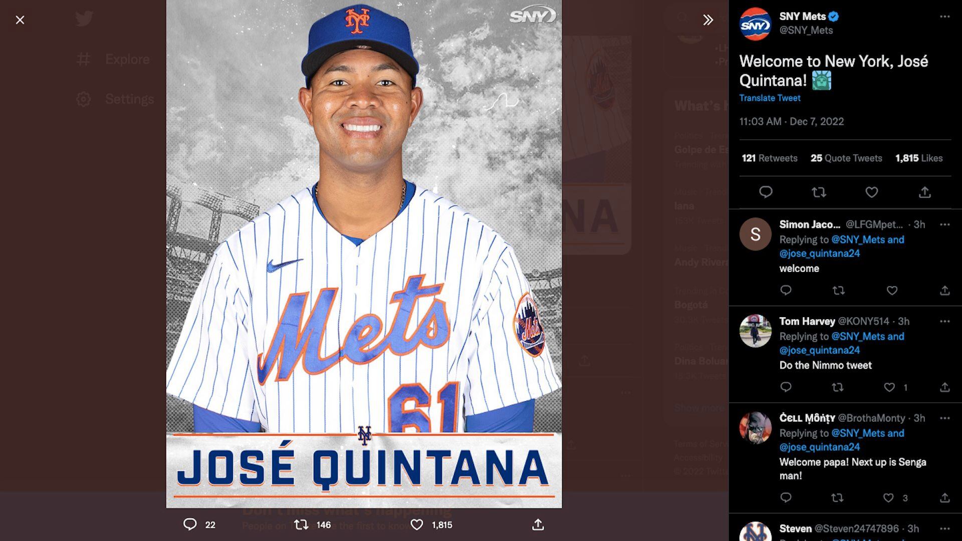 José Quintana es presentado como nuevo beisbolista de New York Mets para la temporada 2023 de la MLB / (Twitter: @SNY_Mets)