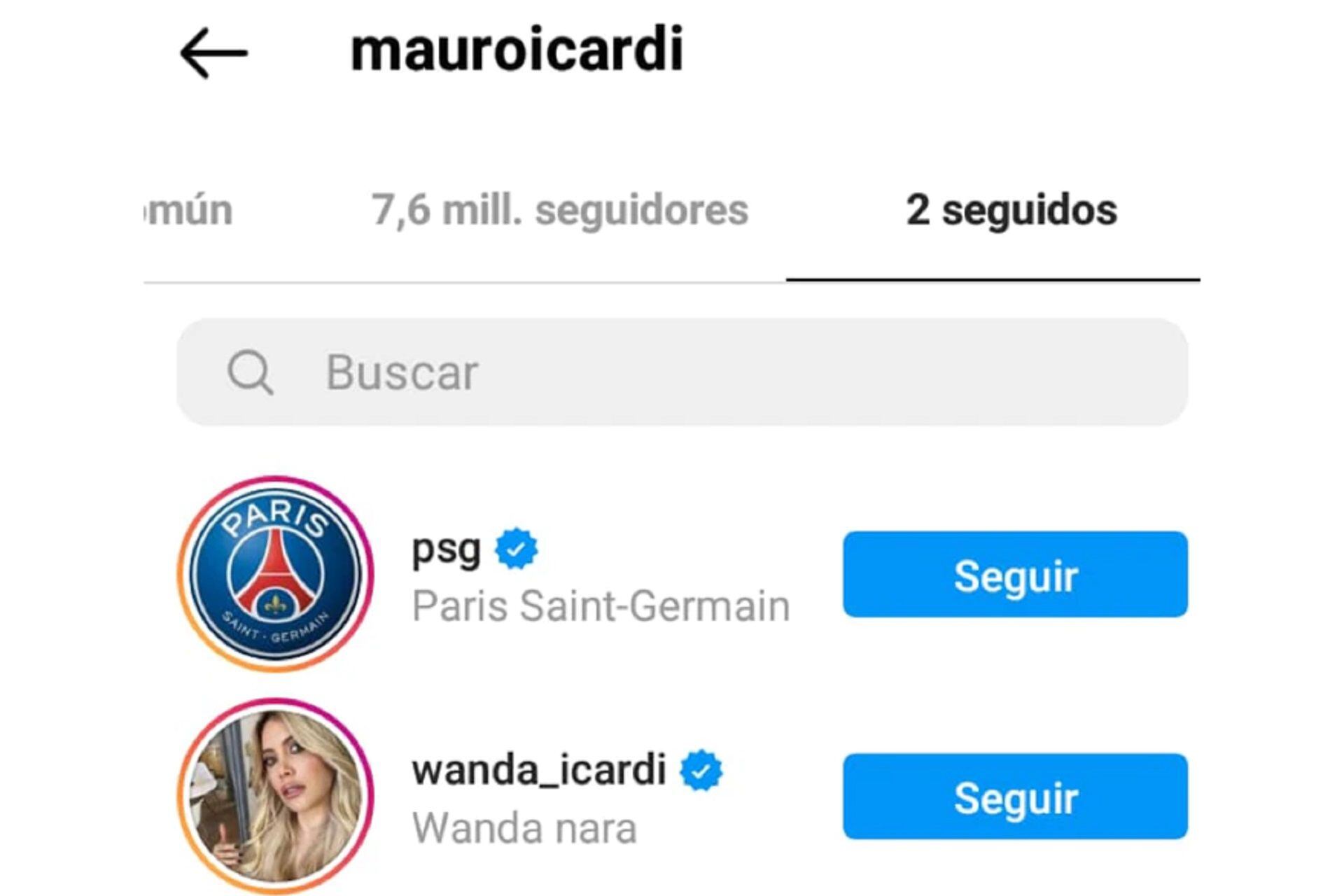 Mauro Icardi sigue en Instagram a Wanda Nara y a la cuenta oficial el PSG