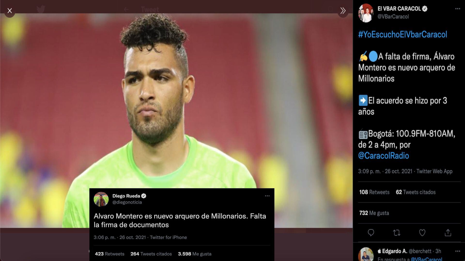 Álvaro Montero, nuevo portero de Millonarios FC / (Twitter: @diegonoticia @ElVBarCaracol)