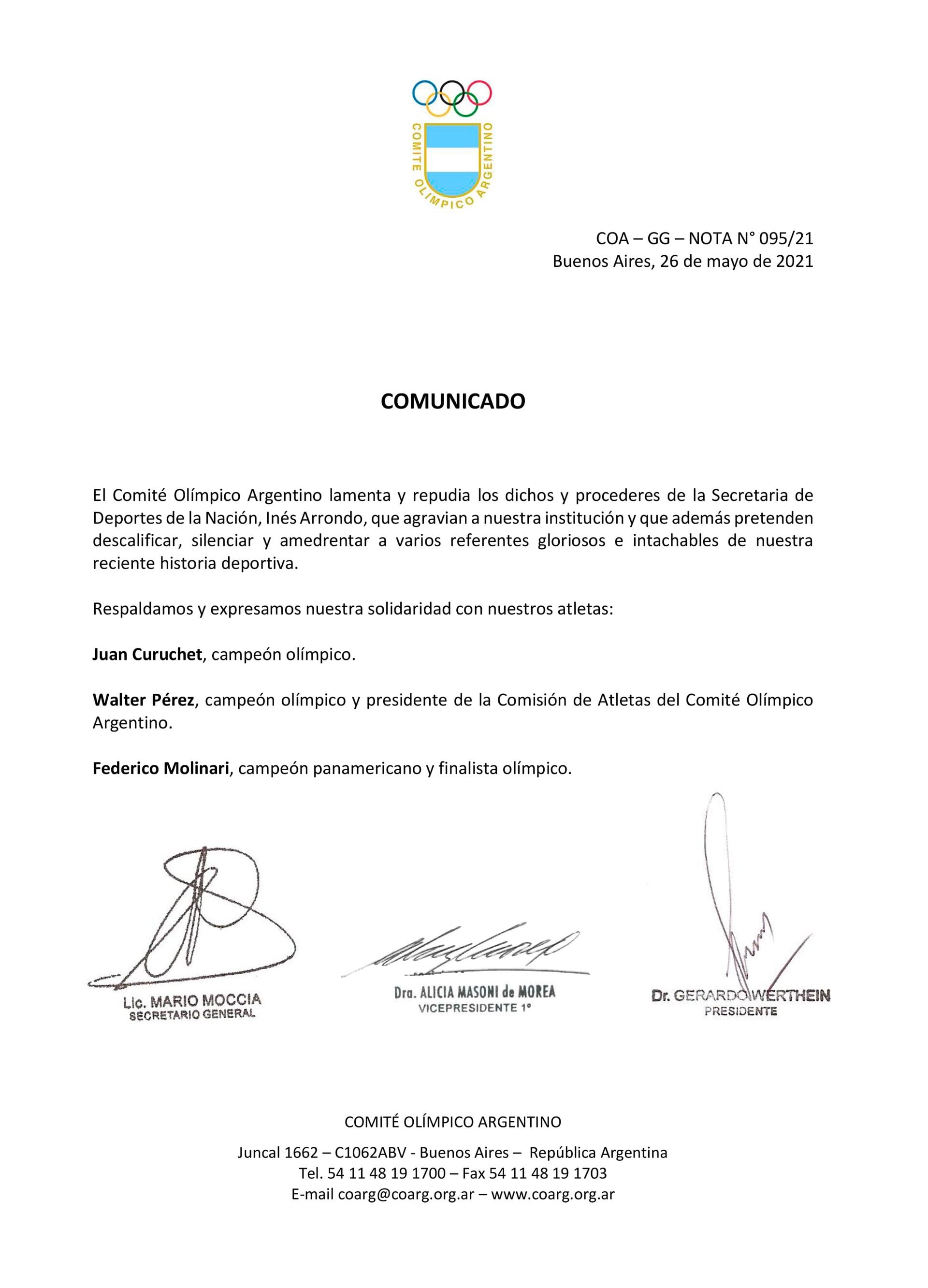 comunicado Comité Olímpico Argentino