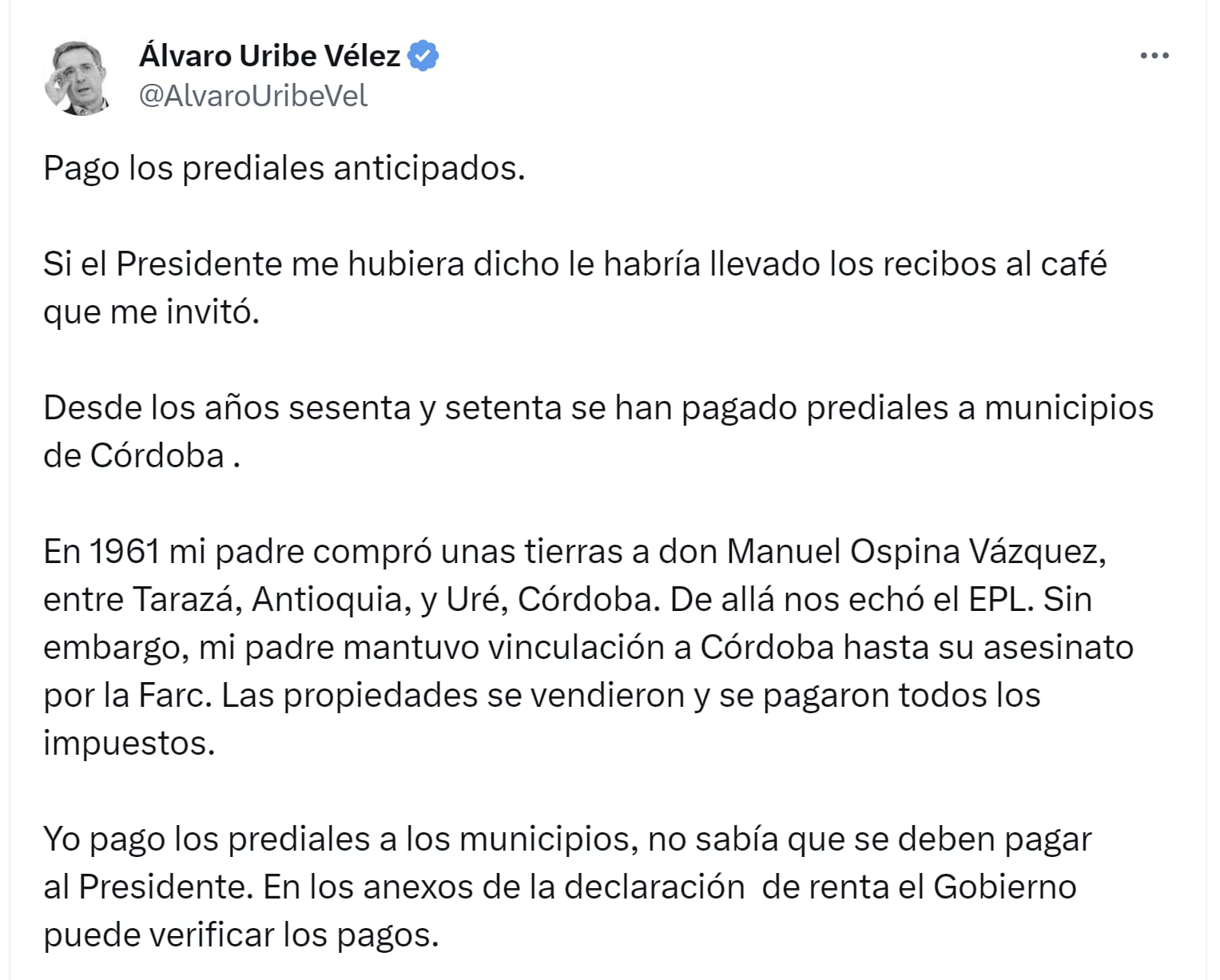 El expresidente Álvaro Uribe le respondió al presidente Gustavo Petro por señalarlo de no pagar el impuesto predial