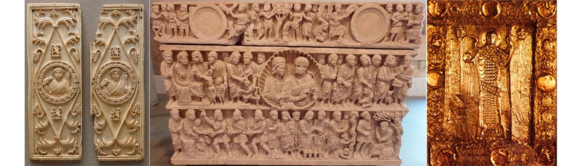 De izquierda a derecha: díptico consular, sarcófago paleocristiano e ícono bizantino
