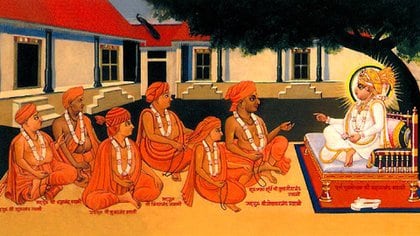 Ilustración de Swaminarayan enseñando a sus discúpulos