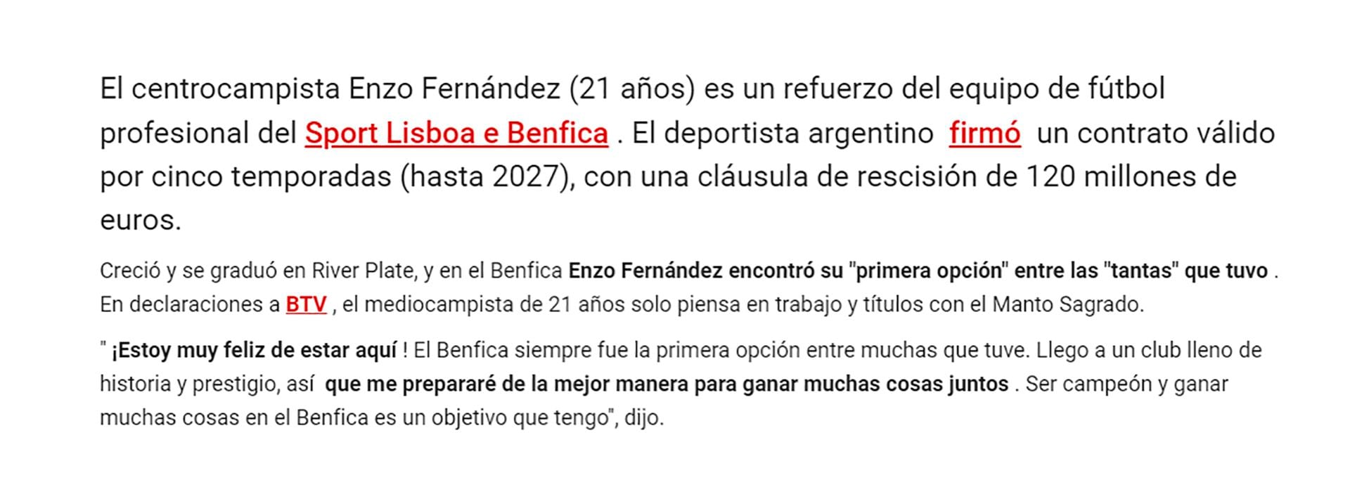 El comunicado del Benfica donde presenta a Enzo Fernández e informa la cláusula de rescisión