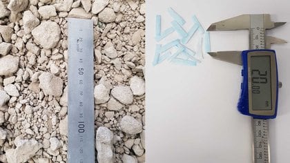 El nuevo material combina agregado de hormigón reciclado (izquierda) y pequeñas tiras de mascarillas desechables trituradas (derecha).