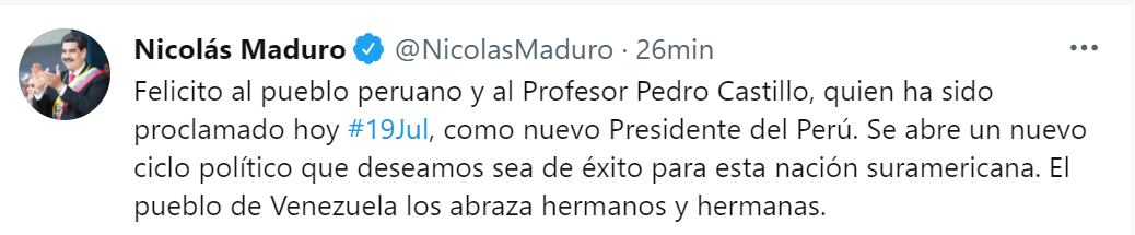 Tweet del dictador Maduro para felicitar a Castillo 