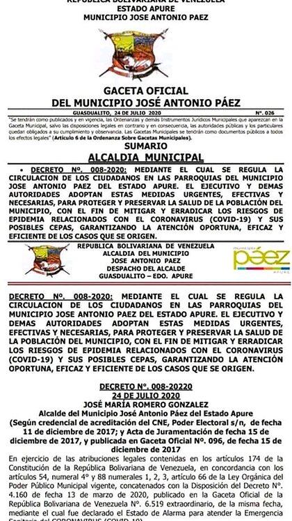 El decreto de la alcaldia de Páez
