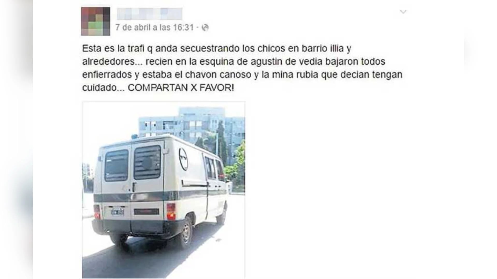 Uno de varios posteos en Facebook sobre la supuesta camioneta de los secuestros. Pompeya es el foco
