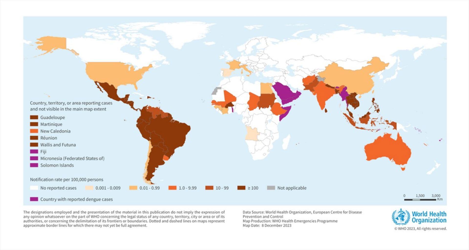 Países, territorios y áreas que notifican casos autóctonos de dengue (de noviembre de 2022 a noviembre de 2023)*