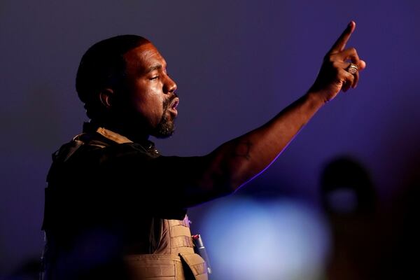 FILE PHOTO: Rapper Kanye West makes a point as he holds his first rally in support of his presidential bid in North Charleston, South Carolina, U.S. July 19, 2020. REUTERS/Randall Hill/File Photo