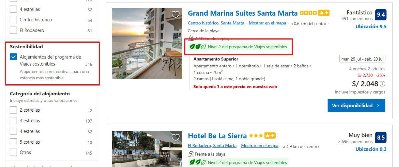 El filtro de viajes sostenibles en Booking.com estabelce hasta tres niveles de sostenibilidad en los hospedajes disponibles. (Captura)