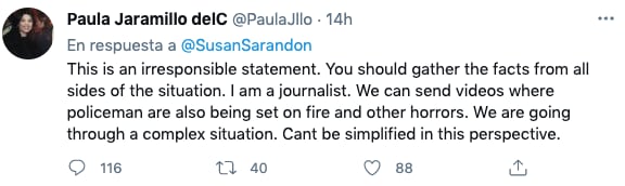 Una de los usuarios que criticó a Sarandon. Twitter @PaulaJllo.