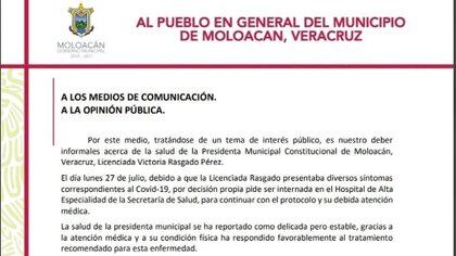 Comunicado publicado por el Ayuntamiento de Moloacán, el pasado 31 de julio