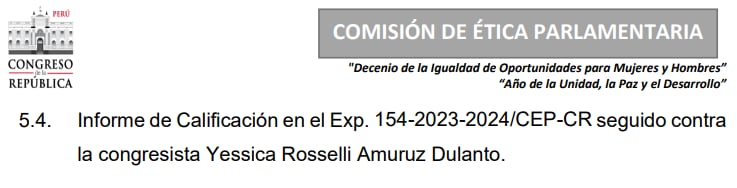 Comisión de Ética revisará informe de Calificación contra Amuruz Dulanto. Congreso.