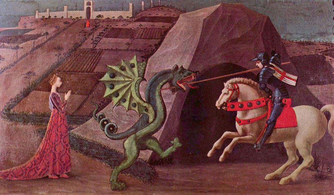 San Jorge lancea al dragón para salvar a la doncella, obra de Paolo Uccello
