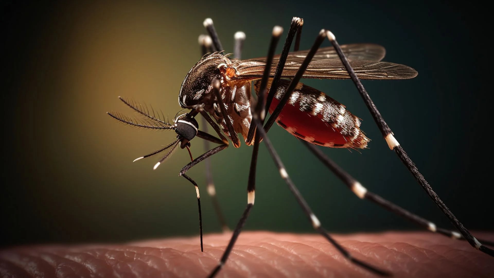 Fotografía en detalle del mosquito del dengue, Aedes aegypti picando un brazo. Salud, salubridad, higiene, control, plagas, verano, agua, sudamérica (Imagen ilustrativa Infobae)