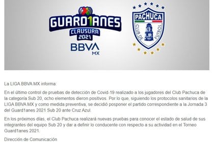 Comunicado de la Liga MX sobre casos de COVID-19 en Pachuca Sub-20 (Foto: Liga MX)